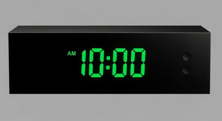 A digital clock displaying ten o'clock am with a black rectangular case on a neutral background