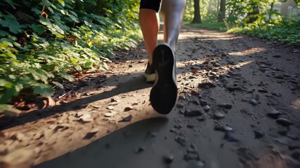 Person walking forest trail. Shoes step over leaves along outdoor path. Sunlight filters through nature. Walking in forest shows peaceful scene. Nature trail person leaves shoes sunlight outdoor path.