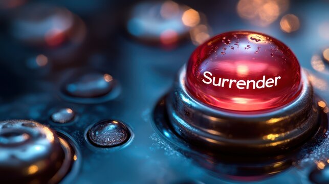 Close-up of a red button labeled "Surrender" with water droplets.