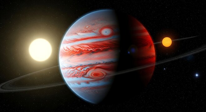 Swirling Vortex Planet in Binary Star System – Conceptual Space Scene with Celestial Bodies