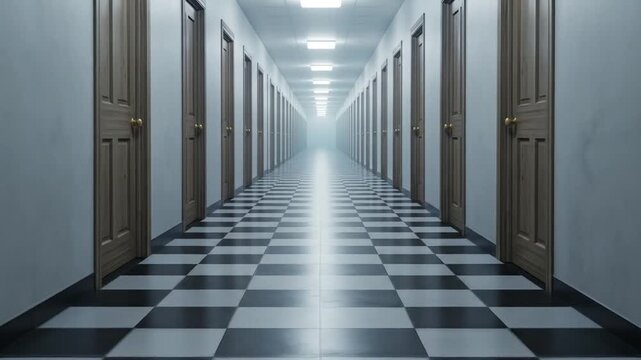A long, empty corridor with checkered flooring and symmetrical doors.