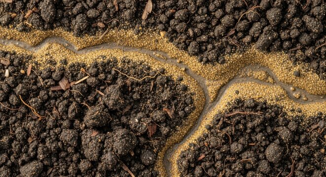 Detailed close-up of dark soil intersected by unique yellow substance patterns