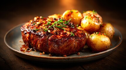 A beautifully plated grilled steak accompanied by perfectly roasted baby potatoes garnished with herbs creates a mouthwatering, appetizing dish ready to indulge.