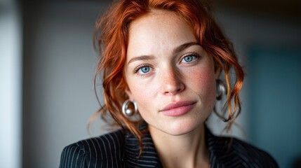 A striking portrait of a woman with vibrant red hair and statement earrings captures the essence of modern elegance and confidence in a stylish outfit.