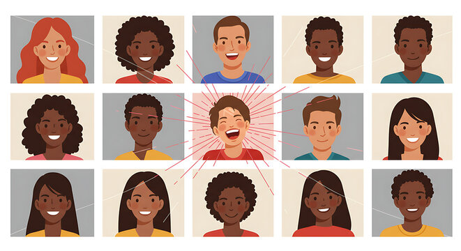 Diverse People in Online Video Call Grid with One Happy Person Laughing Enthusiastically, Showcasing Joyful Connection and Community Engagement