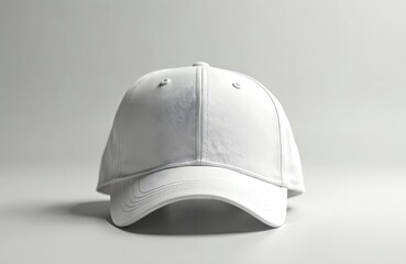 Minimalist white baseball cap presented front view on plain white background. Classic headwear crafted from cotton fabric, featuring a simple design with a curved visor and adjustable strap.