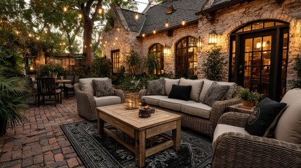 Cozy Outdoor Living Space with Wicker Furniture and String Lights in a Brick Courtyard at Dusk