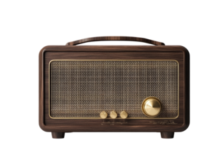 Vintage wooden radio with brass details and mesh front design