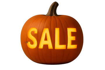 Obraz premium Pumpkin carved with SALE text for marketing promotion, isolated on transparent background PNG