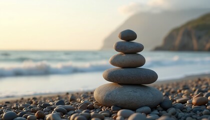 Stack of balanced stones on pebble beach with calm ocean waves, blurred rocky coastline in background. Serene seascape evokes tranquility, stability, zen. Natural landscape perfect for meditation,