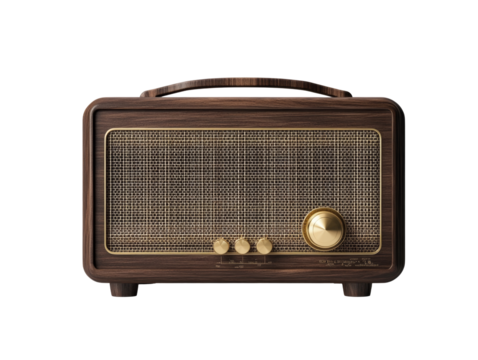 Vintage wooden radio with brass details and mesh front design