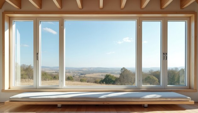 Large modern windows showcase bright daylight, scenic landscape views in new construction home. Open space interior with wooden beams, comfortable window seat. Energy-saving glass offers natural