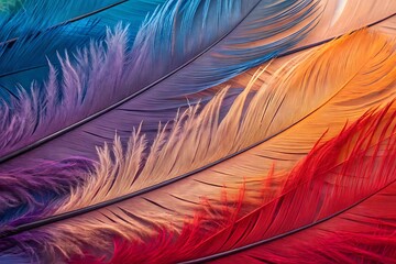 Vibrant multicolored feathers in shades of blue purple orange red