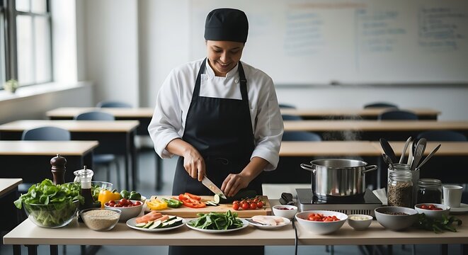 Chef preparing gourmet cuisine in a unique classroom environment with fresh ingredients and