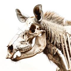 Fototapeta premium Detailed close-up view of a weathered animal skull and skeleton, showcasing intricate bone structures and remaining fur against a plain white backdrop.