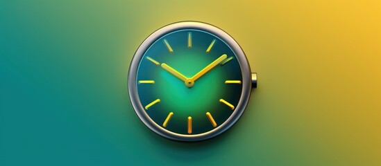 A clock face with yellow hands and green background on a green and yellow gradient.