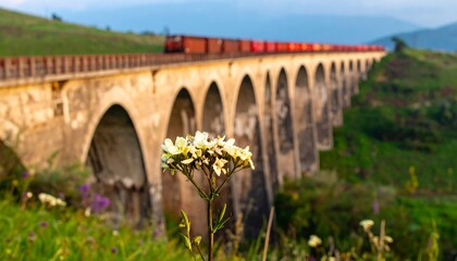Obraz premium Train on an arch bridge with flowers