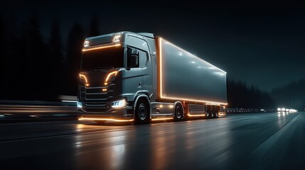 Modern Silver Semi-Truck with Trailer Driving on Highway at Night with Neon Lights, Transportation and Logistics Concept