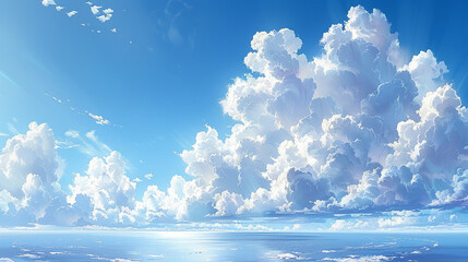 A vast expanse of a beautiful, light blue sky, filled with fluffy, white cumulus clouds, gently resting over a calm, azure ocean.