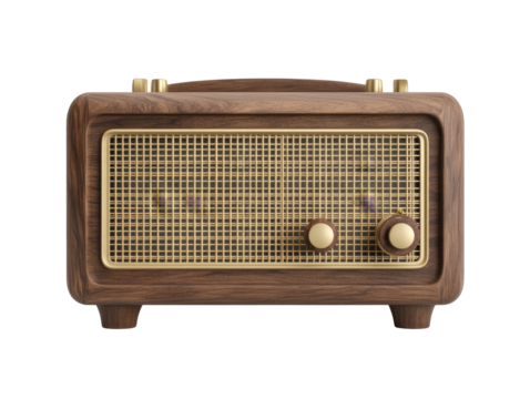 Vintage wooden radio with brass knobs and mesh front display in retro style