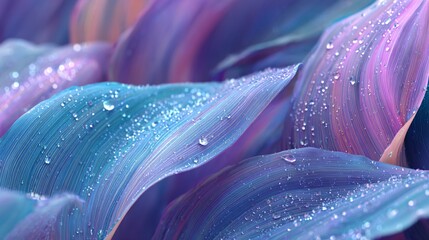 Iridescent leaves covered in water droplets reflecting soft, pastel light
