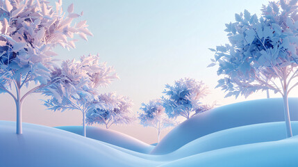Fototapeta premium A futuristic forest with metallic trees and glowing leaves against a soft blue gradient sky, creating a calm and modern atmosphere.