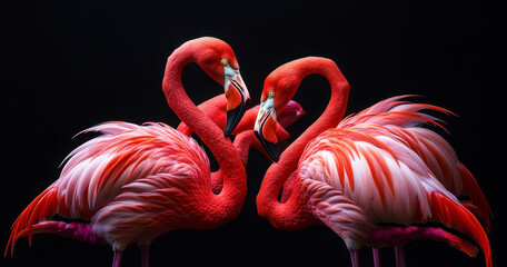 Two Flamingos forming a heart shape with their necks against a dark background