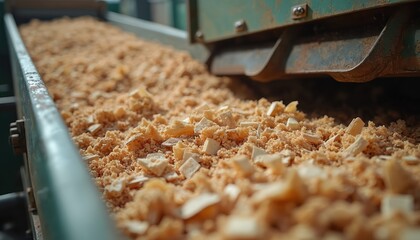 Wood chipper machine processes timber into wood chips, sawdust, fiber. Raw materials for biomass, wood pellets, composite board manufacturing. Industrial wood yard with flakes, strands used in