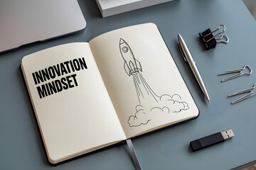 Flat lay of dotted notebook with INNOVATION MINDSET text, rocket doodle, silver pen, and modern desk accessories in sharp high-res style
