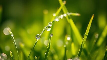 Morning dew glistens on tender grass blades, capturing the freshness of a spring day.