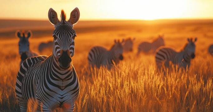 Majestic Zebras Grazing in a Golden Field Under the Warm Sun - Powered by Adobe