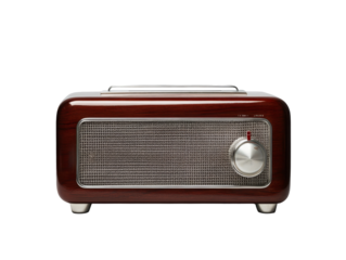 Vintage wooden radio with mesh speaker and knob design