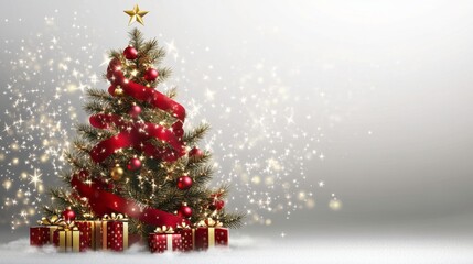 Elegant Christmas Tree with Red Ribbon and Gold Decorations Gifts