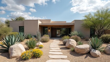 Modern desert home exterior features xeriscape landscaping with succulents, boulders. Stone pathway leads to entrance of contemporary house with clean lines. Minimalist design utilizes native arid