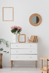 Beautiful protea flowers on chest of drawers in living room