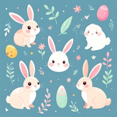 Obraz premium A charming Easter pattern features adorable pastel bunnies, delicate flowers, and eggs.