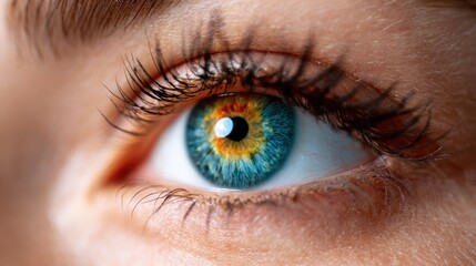 Obraz premium A striking close-up of a blue eye, showcasing intricate patterns and colors, represents clarity, depth, and emotion, captivating viewers with its intense gaze and detail.