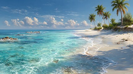 Photorealistic image of an idyllic tropical paradise beach with powdery white sand, crystal-clear turquoise water, and lush palm trees under a blue sky.