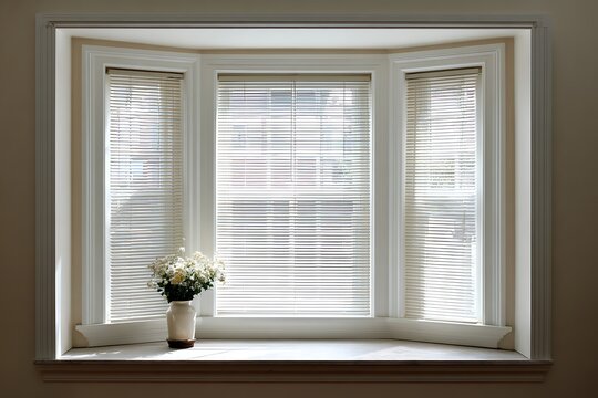 craftsman steel window with curved edges, steel accents, inset blinds with gentle highlights.