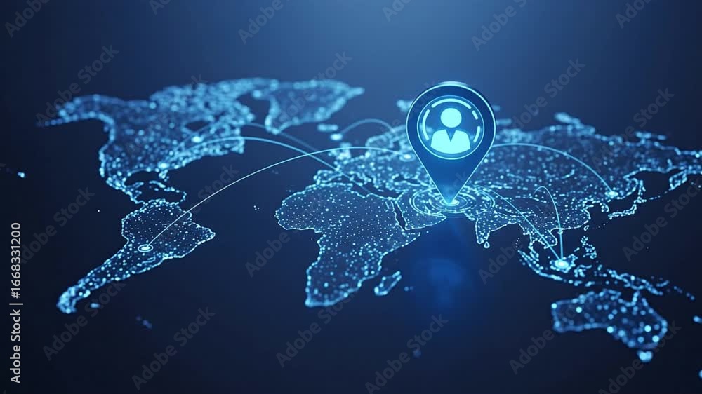 Poster a blue map of the world is connected with glowing dots with a human icon in a location pin over sout