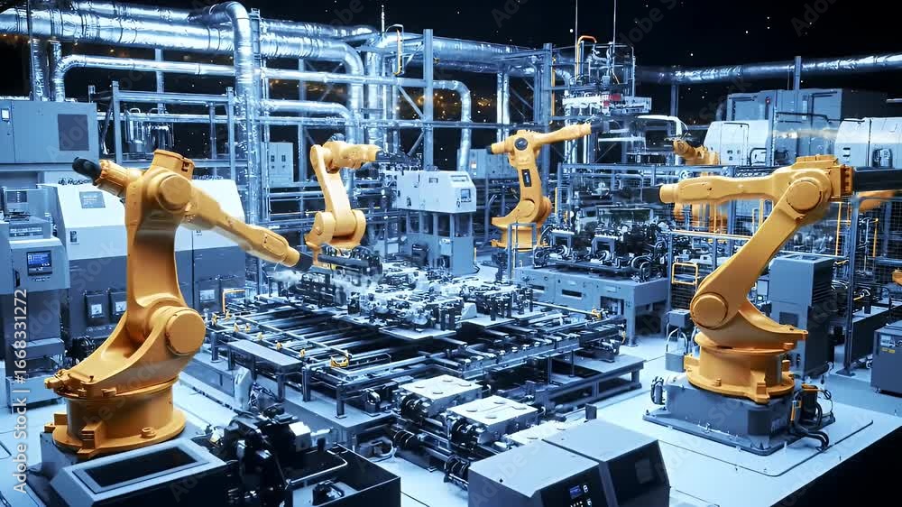 Poster automated manufacturing process with robots in factory
