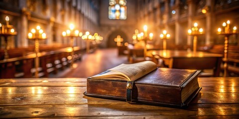 Detailed image of a leather-bound holy bible with soft glowing lights surrounding it on a wooden altar in an ancient church
