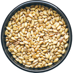 Wheat Grains in a Dark Bowl. numerous wheat grains filling a dark, round bowl.