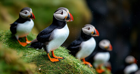 A Flock of Adorable Puffins Standing Together on a Mossy Cliffside in the Wild