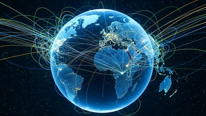 A futuristic rendering of Earth at night with glowing lines connecting major cities, symbolizing a global network and data communication.