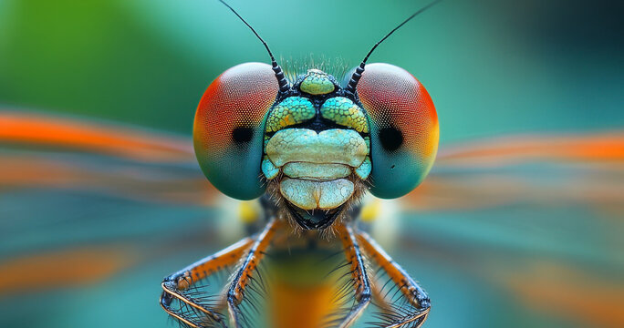 Macro View of a Dragonfly's Intricate Eye and Antennae Showing Vibrant Colors and Delicate Structures