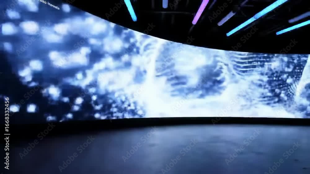 Poster abstract glowing dots pattern projected in a dark space, futuristic art