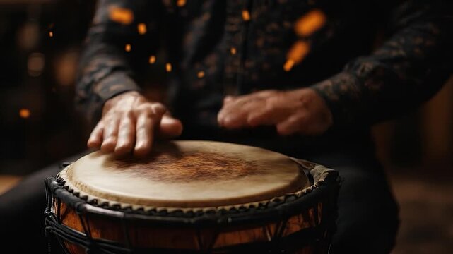 Man playing djembe drum with indoor.
