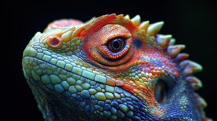 Fototapeta premium Close-up of a vibrant, colorful lizard's head and eye, showcasing intricate scales and textures against a dark background.