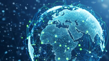A futuristic rendering of Earth with glowing network lines, symbolizing global communication and digital connections.